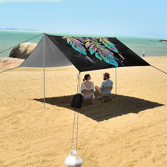 ALAZA Rainbow Dreamcatcher Bohemian Beach Tent Sun Shelter UPF50+ Protection Beach Shade Canopy w/ 4 Sandbags for Outdoor Camping Fishing Backyard Fun Picnic 10x9 ft