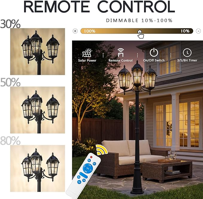 Emliviar 82.7 3-Head Outdoor Solar Lamp Street Lights Dusk to Dawn Post Lighting for Driveway Garden LED Exterior Black Pole Light with Water Grain Glass YXE302PL-3 SL BK
