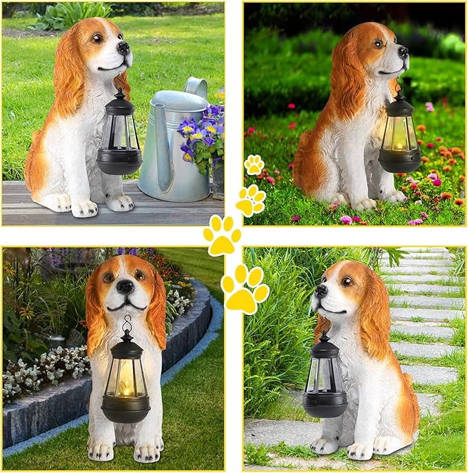 Afirst Dog Garden Statue - Outdoor Decor with Solar Lantern Valentine's Day Gift Lovely American Cocker Spaniel Figurine Patio Lawn Yard Art Ornaments Housewarming Gift