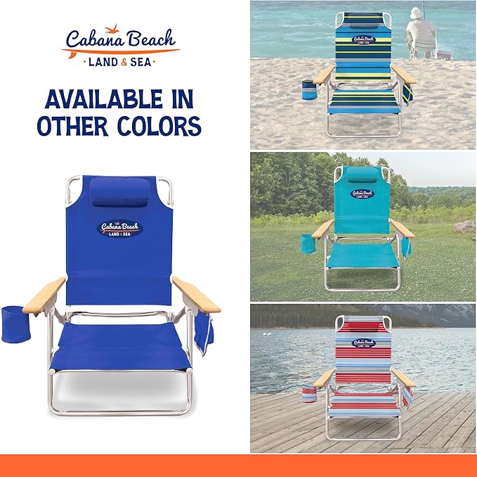 Cabana Beach Folding Beach Chair 5 Position Lightweight Portable Reclining Outdoor Camping Accessories with Headrest Shoulder Strap and Cup Holder Blue