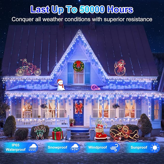 810LED 82FT Christmas Lights 180Drops 12 Modes Christmas String Lights Outdoor Brightness Waterproof Christmas Decoration Fairy Lights with Timer Memory for Party Patio Window Fence Blue &amp CoolW