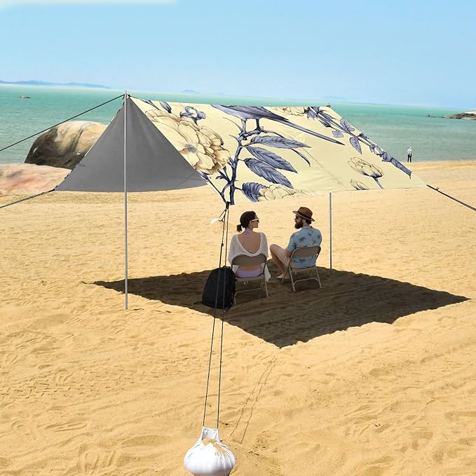 Bird Beige Beach Tent Sun Shelter 9.2' x 10.5' Beach Canopy with 4 Sandbags 4 Stability Poles Sand Shovels - Tent Canopy for Beach Camping Fishing Picnics