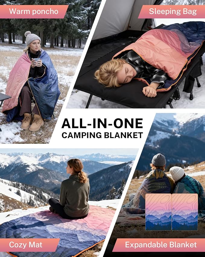 Gonex Camping Blanket with Aero-Warmth Tech Layer Puffy Printed Packable Blanket Ultralight &amp Warm Wearable Water-Resistant Quilt for Outdoor Camping Hiking Travel Picnics 79 X 55(Sunset)