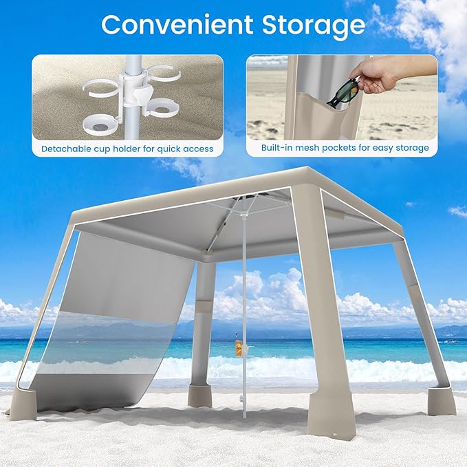 MoKo Beach Cabana 8'×8' Large Beach Canopy with Side Wall UPF 50+ Protection Easy Setup Beach Tent Sun Shelter Adjustable Height Wind Resistant Cabana Beach Tent for Whole Family Khaki