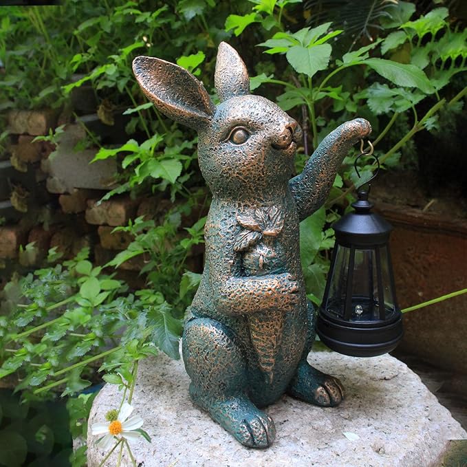 Solar Garden Statues -Rabbit Lantern Outdoor Handmade Resin Statue with LED Light Cute Carrot Holder for Patio Yard Gift Ideas (rabbit2)