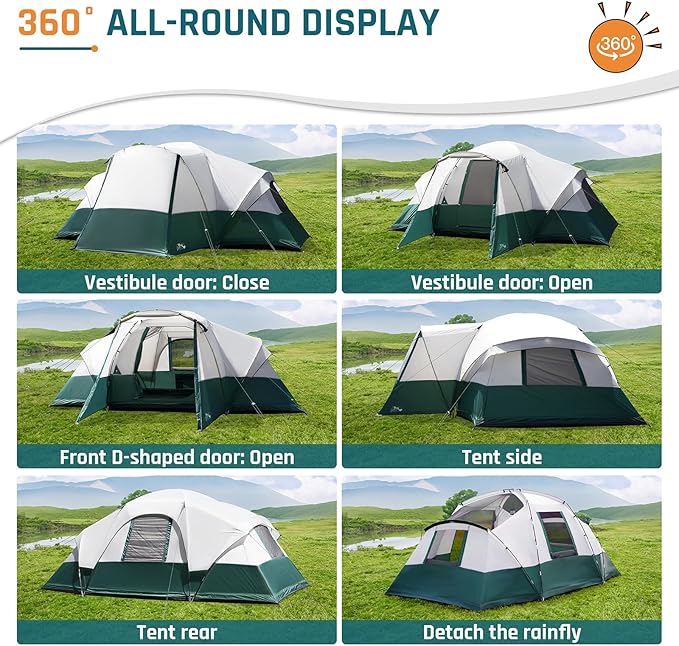 8/10/11 Person Camping Tent with Porch Large Family Tents for Camping PU1000MM Waterproof Tent with 5 Mesh Windows Removable Rainfly Reflective Windproof Rope Big Dome Tent Fits 3 Queen Airbeds
