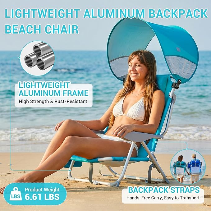#WEJOY Beach Chair with Canopy Shade Reclining Adjustable 4 Position Lay Flat Lightweight Folding Portable Aluminum Chair with Backpack StrapsPadded headrest Heavy Duty 400lbs Lawn Chair for Beach
