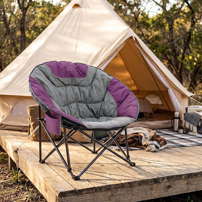 Oversized Portable Moon Camping ChairsRound Folding Lawn Chair w/Cup HolderOutdoor Heavy Duty Supports 500Lbs Comfy ChairPerfect for Family CampHikingPicnics and Beach TripsPurple