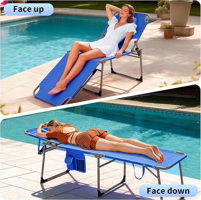 Tanning Chair with Face Hole Folding Beach Lounge Chair5-Position Adjustable Backrest Pillow &amp Side PocketPortable Face Down Chaise Lounge for Outdoor Backyard PoolsideBeach PatioBlue