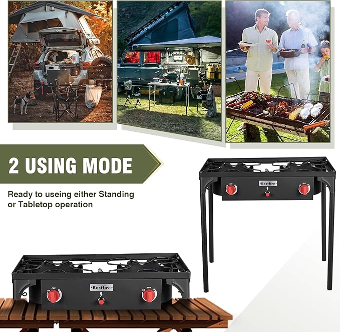 BESTFIRE 2 Burner Camping Stove150000 BTU High Pressure Outdoor Propane4ft 20 PSI Adjustable Regulator Hose With Removable Legs for Backyard Cooking Camping Home