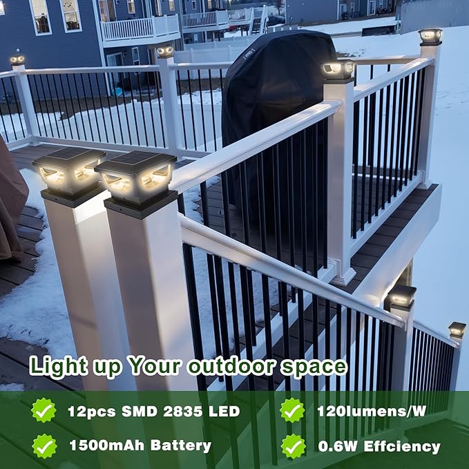 Sumaote Solar Post Cap Lights 120 Lumen 3000K Warm White LED for 3x3 Metal/Vinyl &amp 4x4 Wood Posts IP65 Waterproof Outdoor Garden Fence Deck Lighting Dusk-to-Dawn Auto On/Off (6 Pack)
