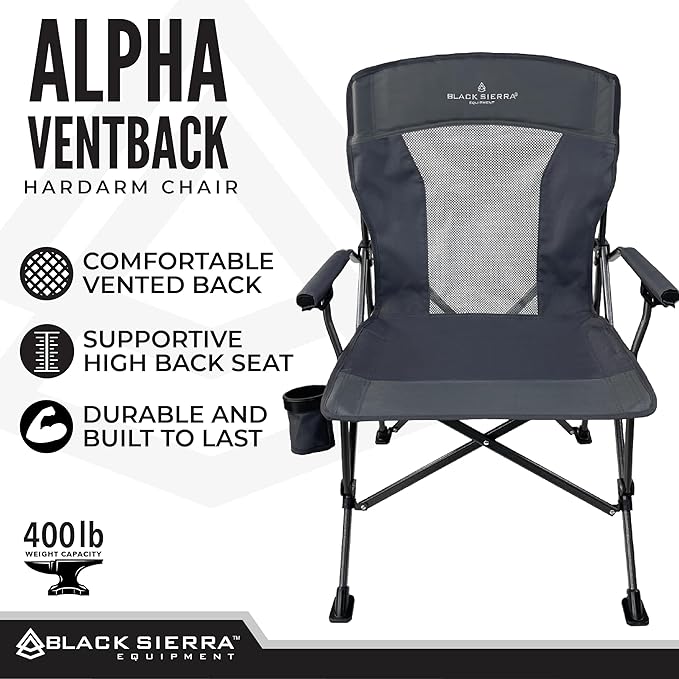 Black Sierra Camping Chair – Folding Portable Lawn &amp Beach Chair with Padded Hard Armrest Mesh Vented Back Spacious Cup Holder Carry Bag – Supports 300 lbs for Sports