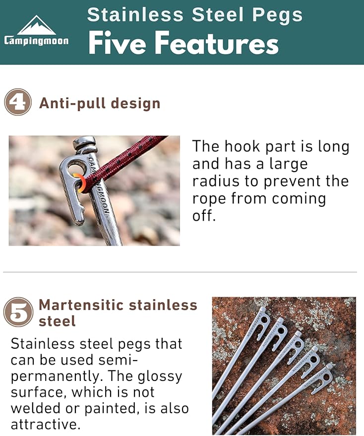 CAMPINGMOON Tent Stakes 10.2-inch 8pcs Martensitic Stainless Steel 420J2 Hardened Forged Power Peg Ideal for Hard Ground R-26-8P
