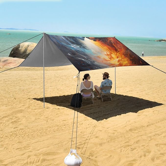 ALAZA Ice Wolf &amp Fire Wolf Beach Tent Sun Shelter UPF50+ Protection Beach Shade Canopy w/ 4 Sandbags for Outdoor Camping Fishing Backyard Fun Picnic 10x9 ft