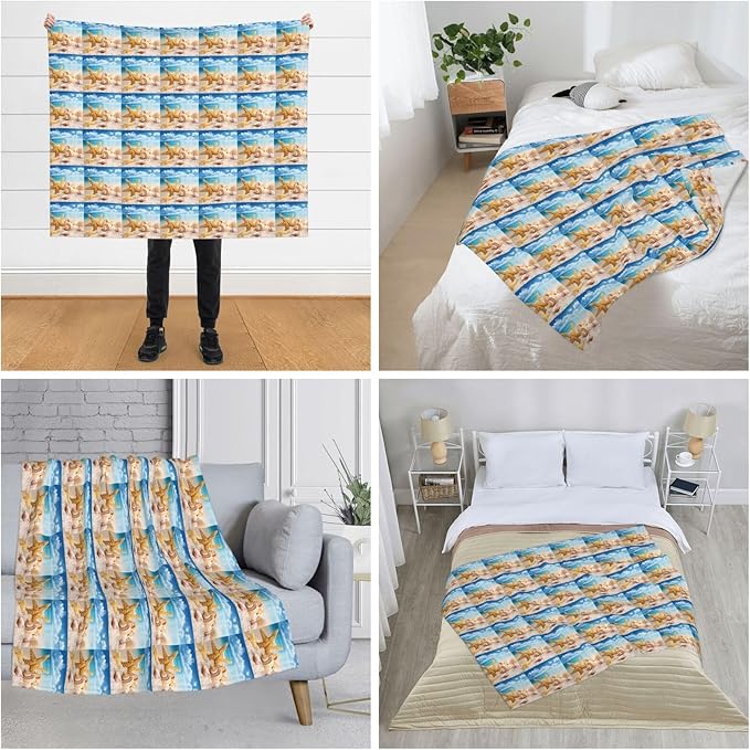 Starfish Seashell Ocean Beach Print Anti-Pilling Flannel Throw Blanket Lightweight Travel Home Decor Blanket Gifts