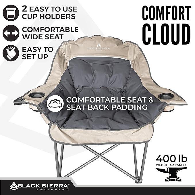 Black Sierra Oversized Camping Chair for Adults – 400 lb Heavy Duty Folding Chair with Cup Holders &amp Carry Bag