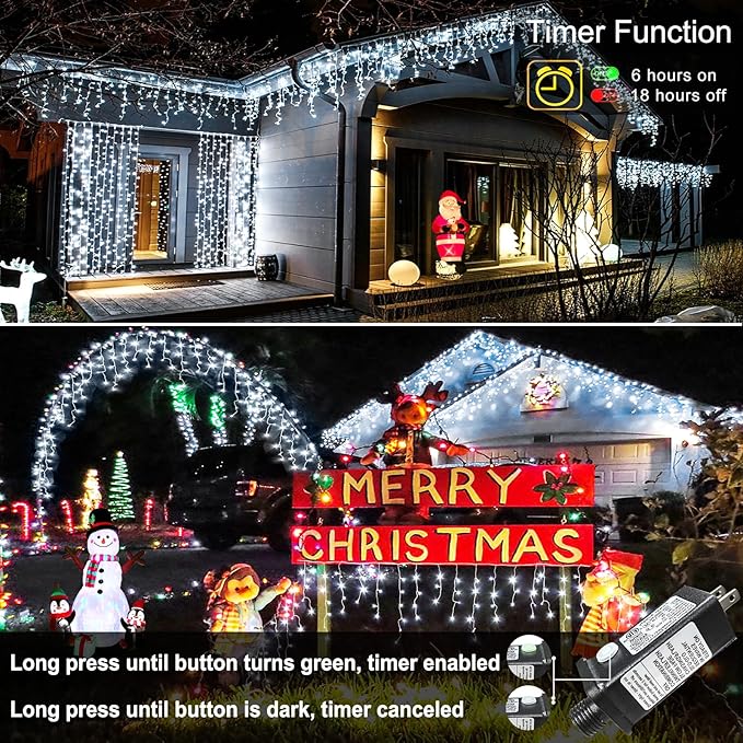 99ft 1216LED Icicle Lights for Outside White Christmas Lights for House Patio Yard Porch Backyard Holiday Garden Xmas Exterior Decoration Waterproof Twinkle Cluster Light Hanging Light All Year