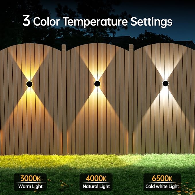 Ellasay Solar Fence Lights Outdoor: 360° Circular Lighting Solar Powered Wall Lights 12 Hours Long Runtime Up and Down Waterproof IP65 &amp 3 Modes High Brightness LED Focus Lens for Fence/Yard - 6 P