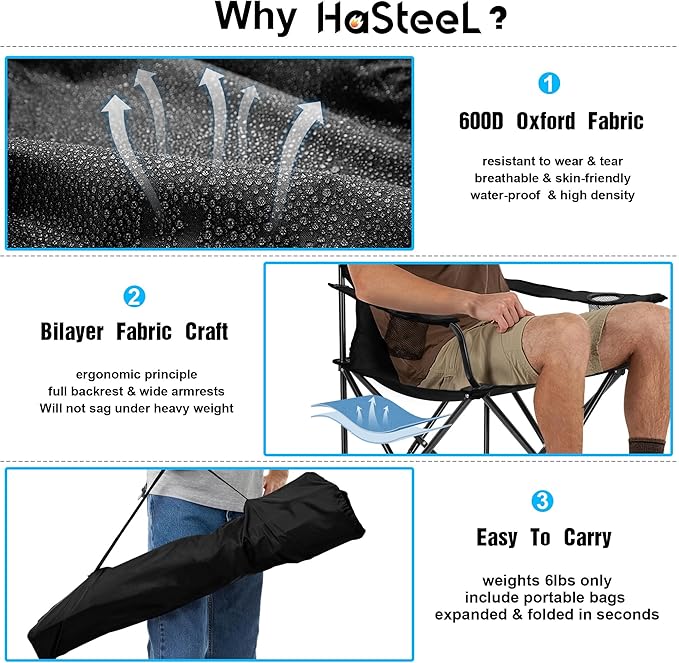 HaSteeL Foldable Camping Chair Set of 2 Folding Camp Chairs for Adults Large Portable Lawn Chair for Outdoors Fishing Hiking Travel Picnic Beach Supports 275lbs &amp Include Storage Bags (Blac