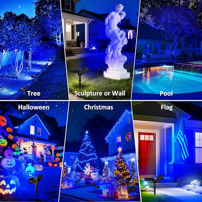 T-SUNUS Blue Solar Lights Outdoor Christmas 2 Modes Garden Spotlights Waterproof IP65 Auto On/Off Security Landscape Pond Spot Light for Tree Flag Patio Garage Yard Driveway Pool Halloween 2 Pack