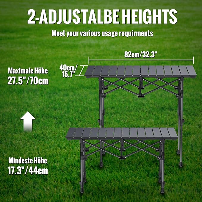 GARLLEN Folding Camping Table 2-Height Adjustable Portable Roll-up Camping Table with Storage Net Lightweight Aluminum Picnic Table with Carrying Bag for Cooking BBQ Outdoor 32.2 L x 15.7 W