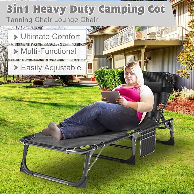 ABORON 5 Positions Camping Cots for AdultsOutdoor Folding Sleeping Cot/MatFolding Chaise Lounge Chair with PillowPortable Reclining Chair for Beach Lawn Camping PoolSunbathing Chairs