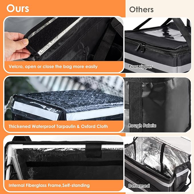 Insulated Bags for Food Delivery with Cup Holder 17.3 x 13.5 x 12.5 Support Frame &amp Hard Bottom Plate Waterproof Commercial Insulated Food Delivery Bag Drink Carriers for Doordash w/Divider