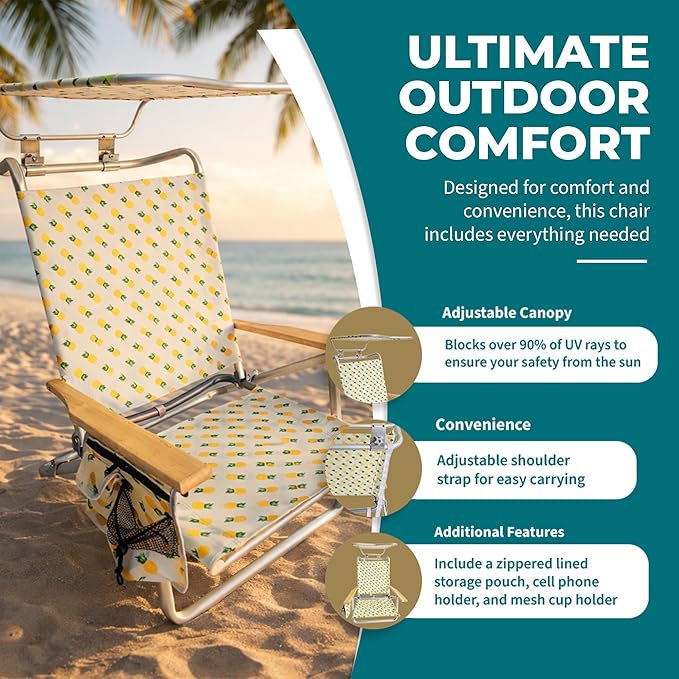 Bliss Hammocks Folding Beach Chair Adjustable Recliner Outdoor Backpack Seat with Canopy and Storage Pouch 275 lb Capacity Pineapple