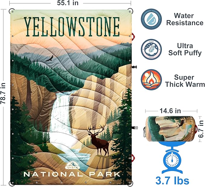 Sherpa Puffy Outdoor Blanket for Camping Traveling Car Picnics Beach Concert Stadium Sporting Events - Wearable Machine Washable Soft Warm Waterproof - 55 X 78 (Yellowstone NP)