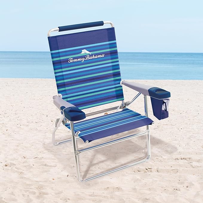 Tommy Bahama Set of 2 Highboy 4 Position Beach Chairs 15 Inch Seat Height with Cupholder Side Storage Pouch and Mobile Phone Holder