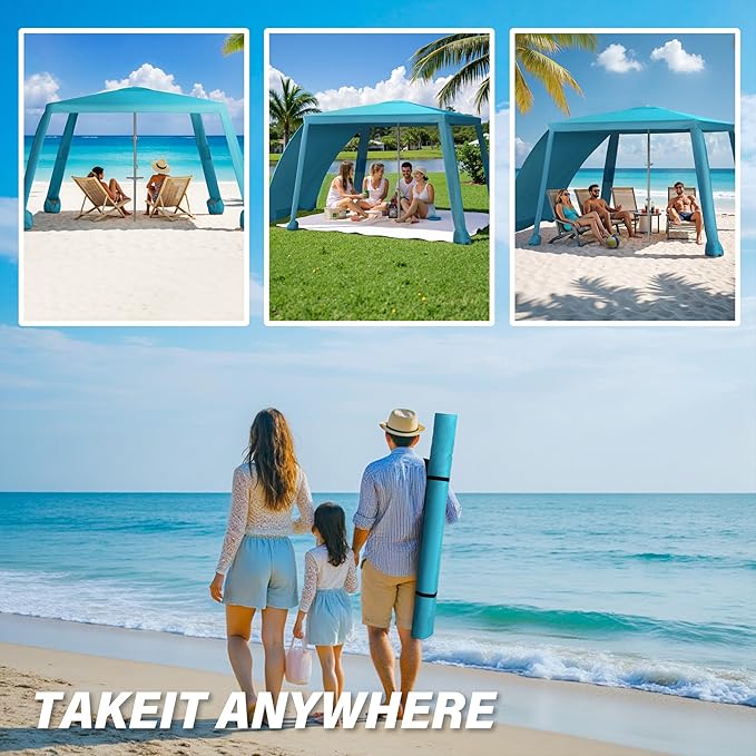 Beach Cabana-6.6x6.6’Beach Canopy with Side WallPortable Umbrella Tent with Sand Pockets for Family &amp FriendsEasy Up Beach Sun Shelter for Outdoor PatiosBackyardsand CampingBlue