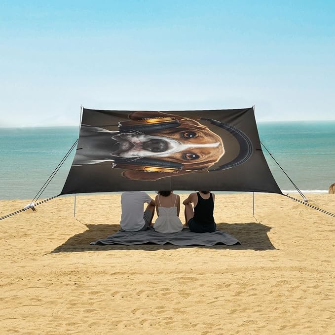ALAZA Dog Listening Music Beach Tent Sun Shelter UPF50+ Protection Beach Shade Canopy w/ 4 Sandbags for Outdoor Camping Fishing Backyard Fun Picnic 10x9 ft