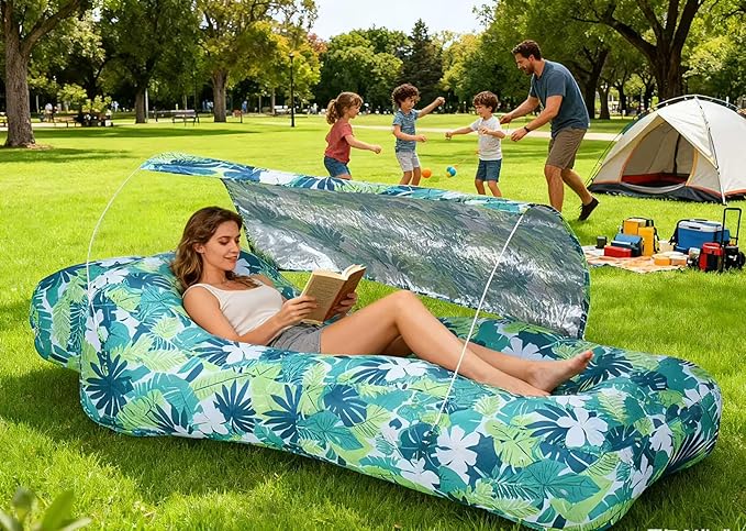 Inflatable CouchAir Sofa with Sun-Shade DesignBuilt-in StorageRipstop Polyester&ampStability PegsPortable Air Lounger for BeachCampingEasy to Carry2 Inflation Ways(Included Pump)Leaf Green