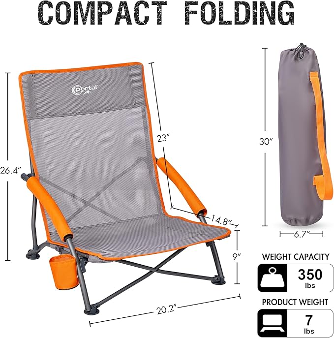 Portal Beach Chairs for Adults Camping Low Lightweight Portable Chair with Cup Holder Mesh Back Carry Bag for Outdoor Sand Lawn Travel Picnic Festival Concert