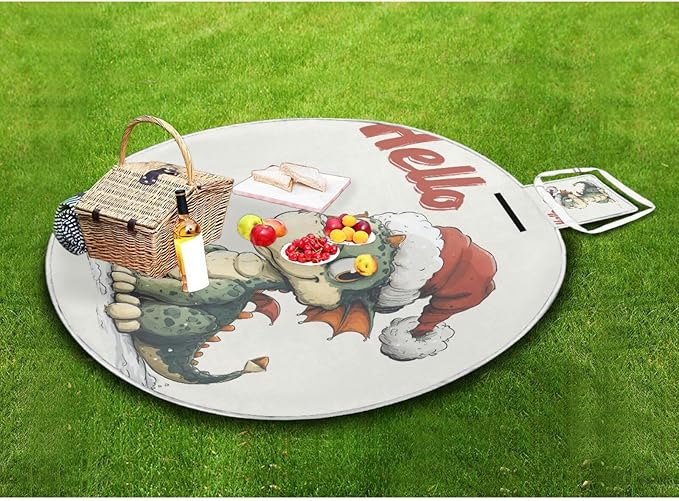 OTVEE Outdoor Picnic Blanket Dragon Hello Circular Mat Moisture-Proof Pad Camping Beach Blankets Foldable Waterproof Sand Mat Hiking Travel 58.2X58.2
