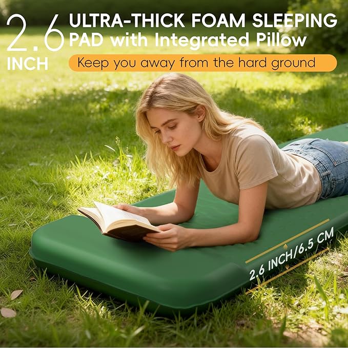 HiiPeak Memory Sleeping Pad Compact Ultra-Thick Foam Sleeping Mats with Pillow for Camping Easy Inflate&ampDeflate9.5 R-Value Insulated Camping Mattress Pad for Car Travel Tent