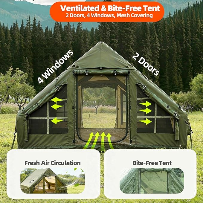 Inflatable Camping Tent Glamping Blow Up Tent with Hand Pump for All-Season 3 Mins Easy Setup Waterproof Tens with Mesh Window for 4-6 Person Suit for Family Friend Camp Outdoor Gathering