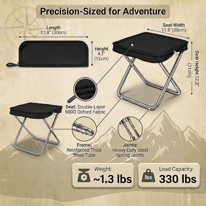 Foldable Backpack Stool for Adults - 12 Compact Portable Folding Chair 300LBS Capacity Durable 900D Oxford Fabric No Assembly for Camping Fishing Travel &amp Outdoor (Black)