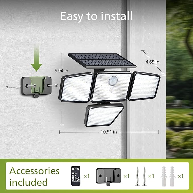 Philips Solar Security Light Outdoor 196 LED Wall-Mounted Flood Light w/PIR Motion Sensor 3 Modes 4 Adjustable Heads Solar-Powered Floodlights with Remote Control IP65 Waterproof