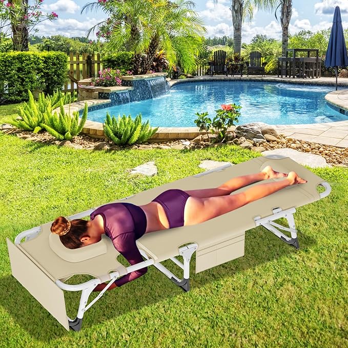 LILYPELLE Portable Folding Camping Cot Adjustable 5-Position Face Down Folding Chaise Lounge Chairs Outdoor Portable Folding Bed Sleeping Cot for Camping Pool Beach Patio