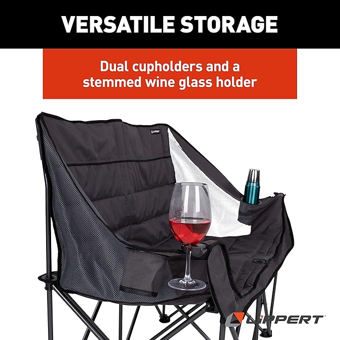 Lippert Campfire Folding Loveseat with 500-lb. Weight Capacity Carry Bag Durable Mesh Fabrics High-Loft Cushioning Storage Pocket Dual Cupholders Stemmed Wine Glass Holder (Grey) - 2021000206