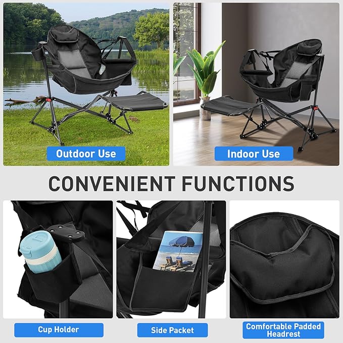 Ainfox Hammock Camping Chair with Footrest Heavy Duty Foldable Portable Rocking Hammock Chairs Outside Swinging Camp with Cup Holder Pillow for Outdoor Patio Poolside Beige Black