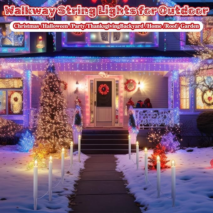 10 Pcs Christmas C7 Pathway Lights Outdoor Candle Lights with Stakes 19.5 ft Pathway Candles with 12 Pcs C7 Bulb for Outside Yard Driveway Sidewalk Decorations