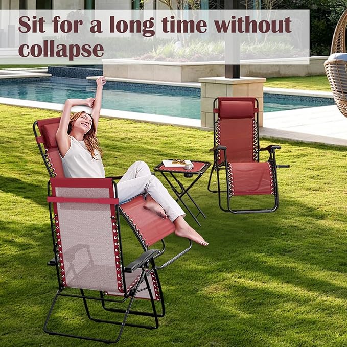 Set of 2 Zero Gravity Reclining Lounge Chairs – Folding Outdoor Chaise Loungers with Cup Holders &amp Side Tables for Patio Lawn Beach Camping Balcony Deck – Adjustable Anti Gravity Chairs Red