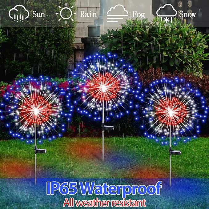4th of July Decorations Outdoor 4 Pack Colored Solar Firework Lights with 180 LED Patriotic Solar Lights 8 Lighting Modes for Yard Pathway Garden Patio Party Decorations(Red White Blue)