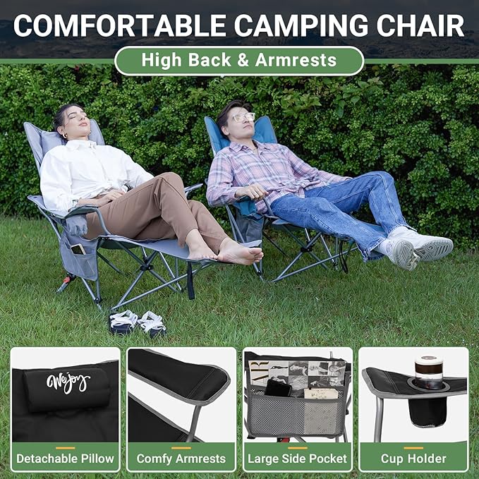 #WEJOY 2-in-1 Camping Chair Reclining Lightweight Folding Camping Chair with Adjustable Backrest &amp Footrest Camping Lounge Chair with Headrest Cup Holder Storage Bag for Beach Lawn Concert