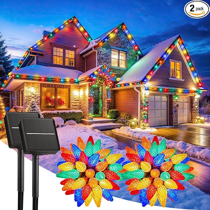 Solar Christmas Lights Outdoor 2 Pack 50 LED C9 Strawberry String Light with Timer &amp 8 Light Mode Waterproof Solar Christmas Tree Lights for Outside Garden Patio Party Christmas Decor Multicolo