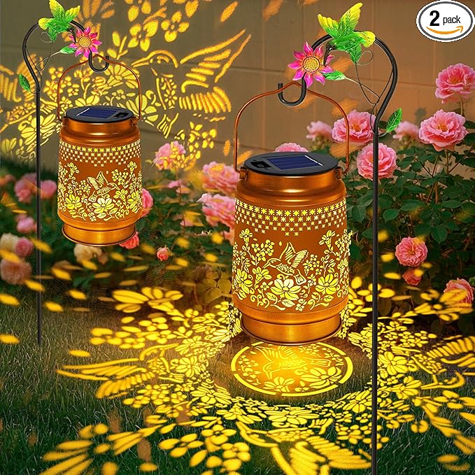 2 Pack Solar Lanterns Outdoor Hummingbird Garden Decor Gifts for Mom Women Grandma Birthday Waterproof Metal Hanging Solar Lights with Shepherd Hook LED Decorative Outside for Yard Patio Lawn Porch