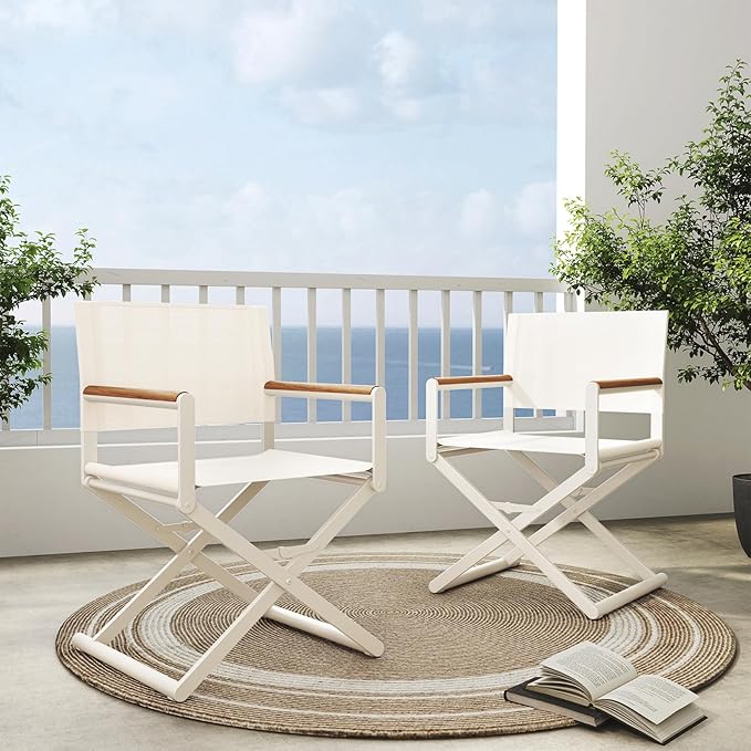 Grand patio Extra-Wide 2-Pack Directors Chairs Folding Dining Chair Set of 2 with Sling and Woodgrain Armrests Outdoor Apricot