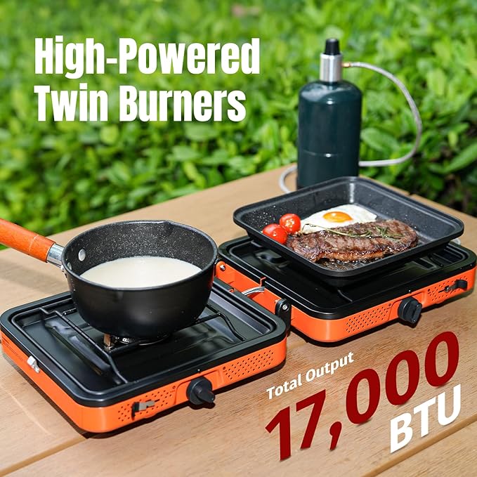 SHINESTAR 2 Burner Camping Stove with Windshield 17000 BTU Portable Propane Camp Stove Foldable Gas Stove for Camping Outdoor Cooking RV Trips or Emergencies